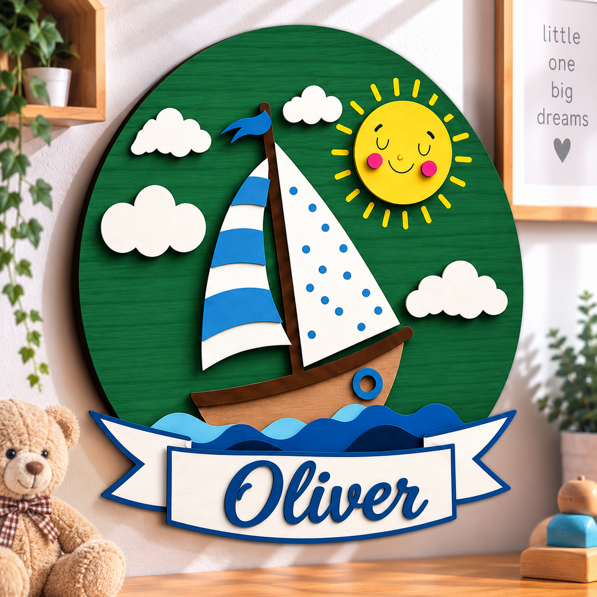 Personalised Wooden Sailboat Name Sign Kids Nursery Bedroom Wall Decor