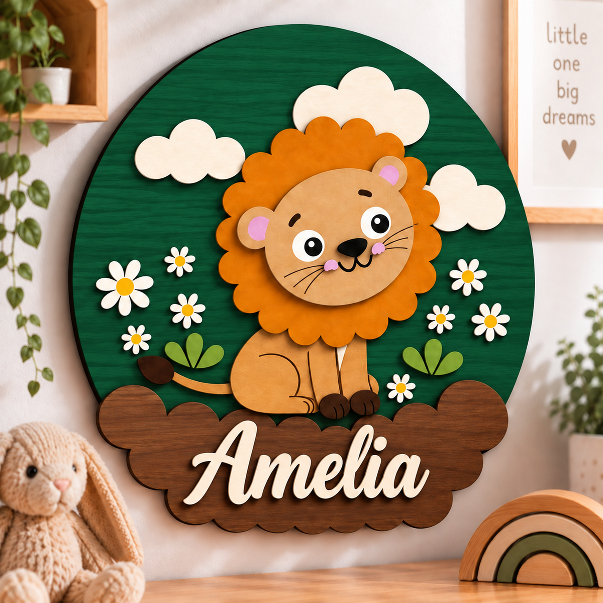 Personalised Wooden Lion Name Sign Kids Nursery Bedroom Wall Decor