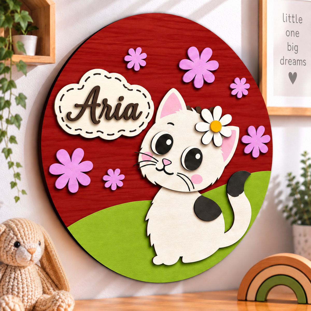 Personalised Wooden Cat Name Sign Kids Nursery Bedroom Wall Decor