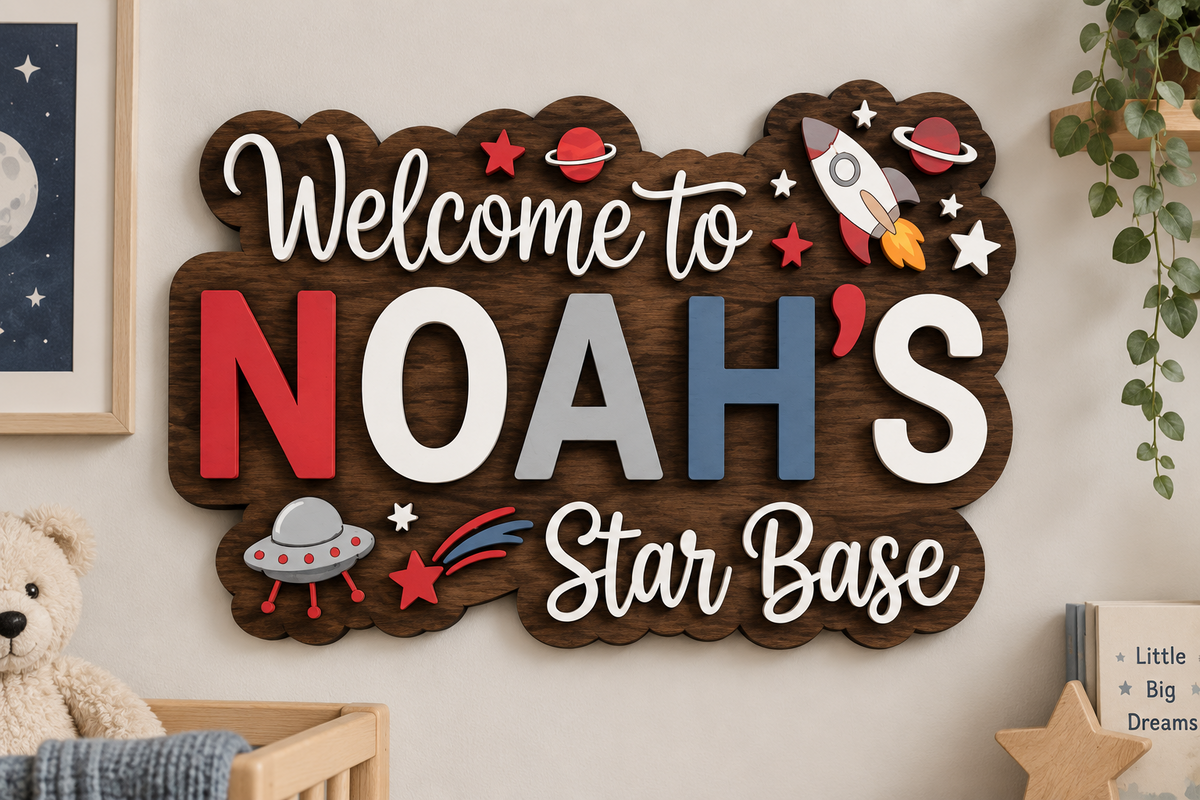 Personalised Space Name Sign Kids Nursery Bedroom Wall Decor Star Base