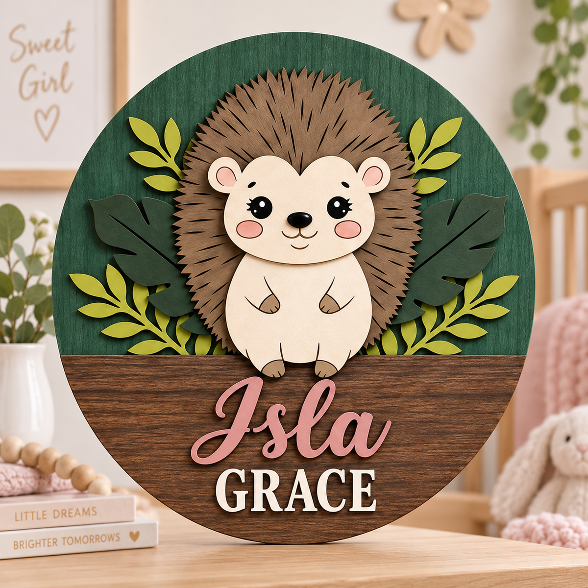 Personalised Wooden Hedgehog Name Sign Kids Nursery Bedroom Wall Decor