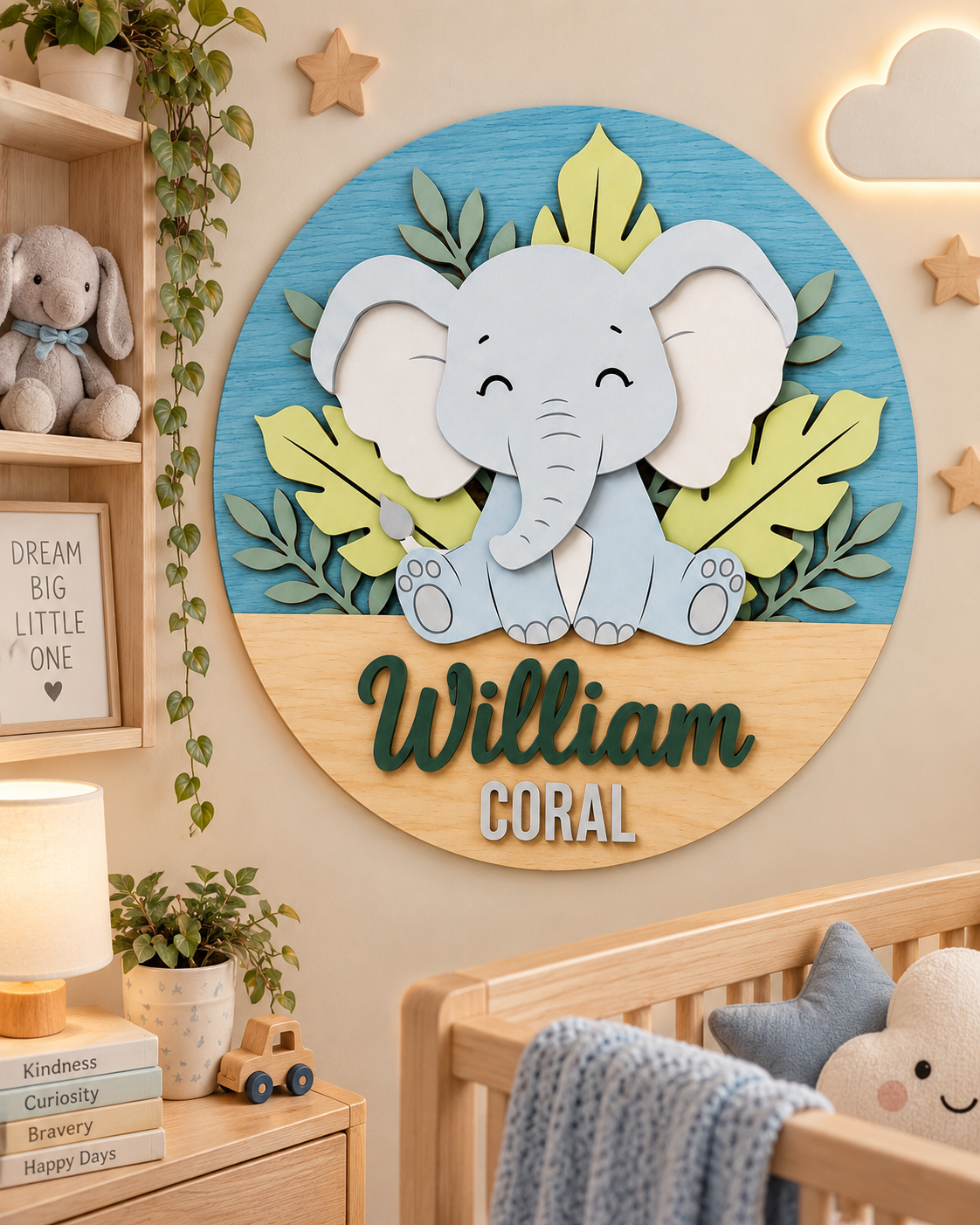 Personalised Wooden Elephant Name Sign Kids Nursery Bedroom Wall Decor