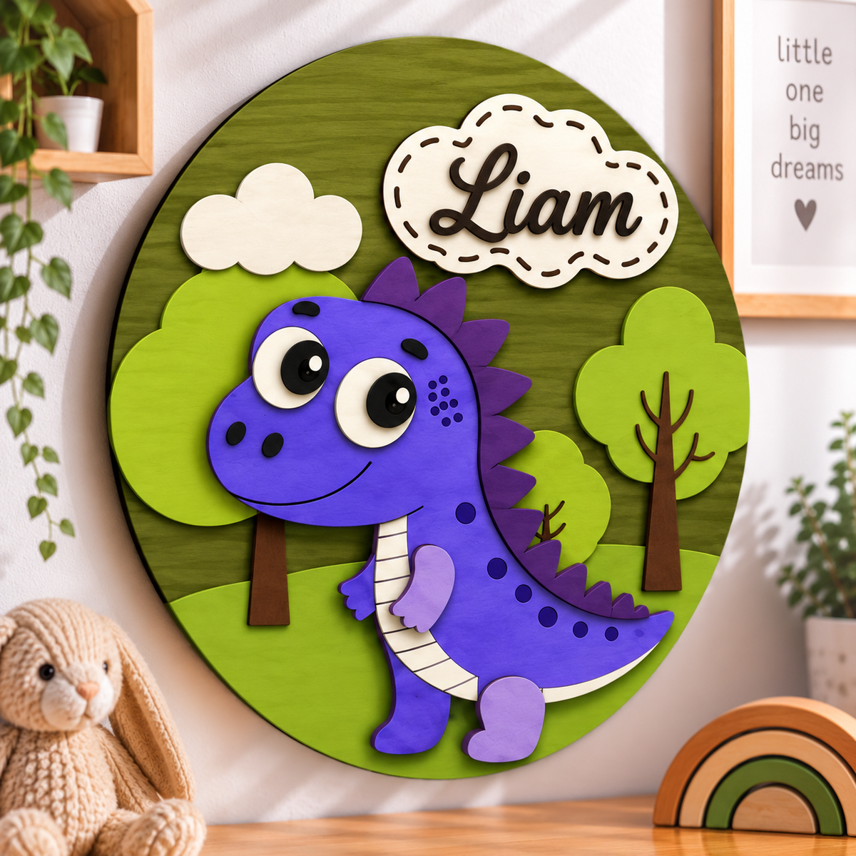 Personalised Wooden Dinosaur Name Sign Kids Nursery Bedroom Wall Decor