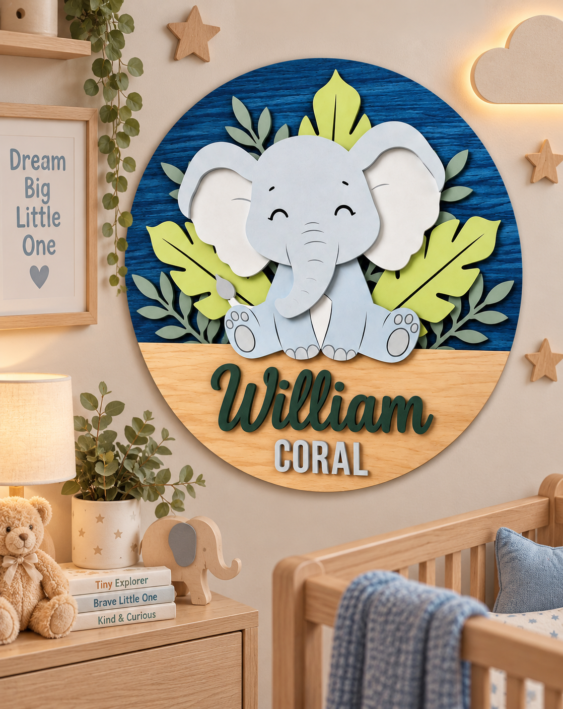 Personalised Wooden Elephant Name Sign Kids Nursery Bedroom Wall Decor