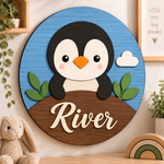 Personalised Wooden Penguin Name Sign Kids Nursery Bedroom Wall Decor
