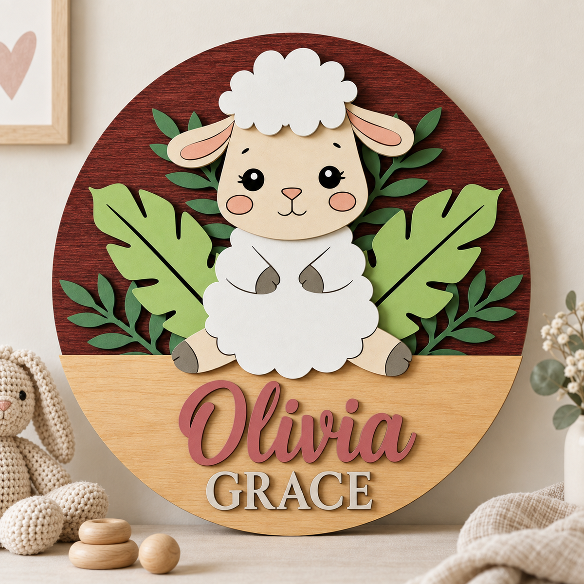 Personalised Wooden Lamb Name Sign Kids Nursery Bedroom Wall Decor