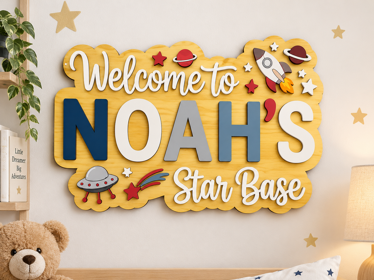 Personalised Space Name Sign Kids Nursery Bedroom Wall Decor Star Base