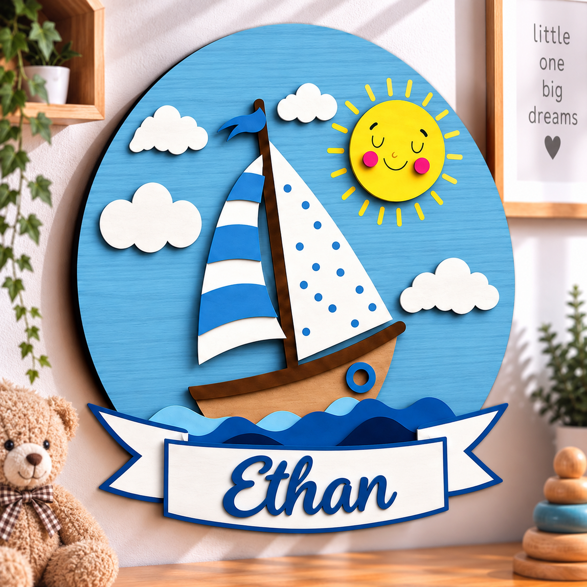 Personalised Wooden Sailboat Name Sign Kids Nursery Bedroom Wall Decor