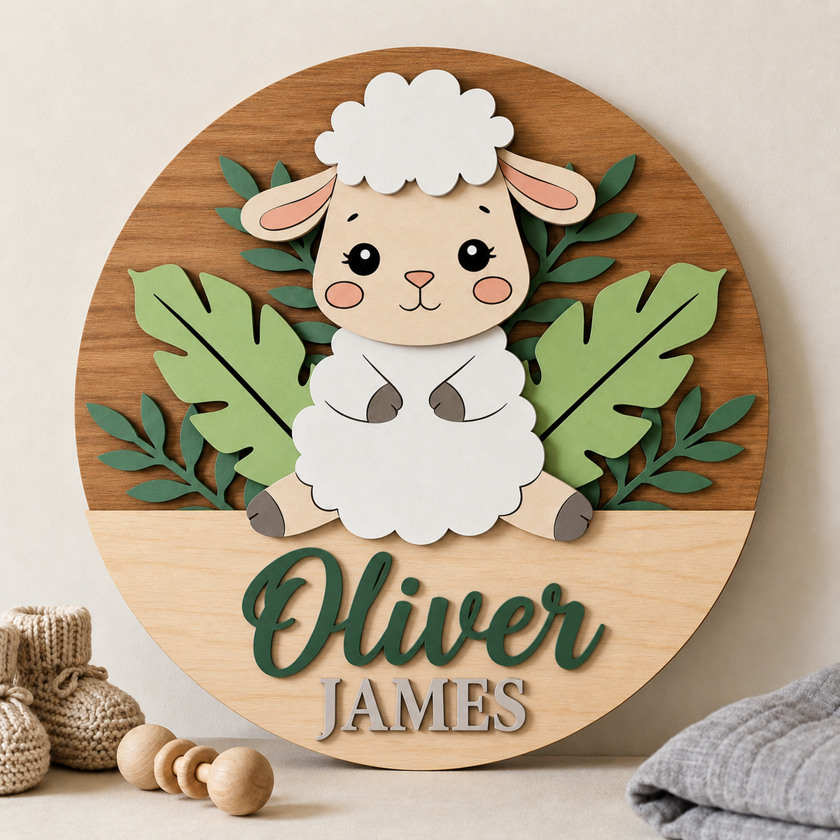 Personalised Wooden Lamb Name Sign Kids Nursery Bedroom Wall Decor