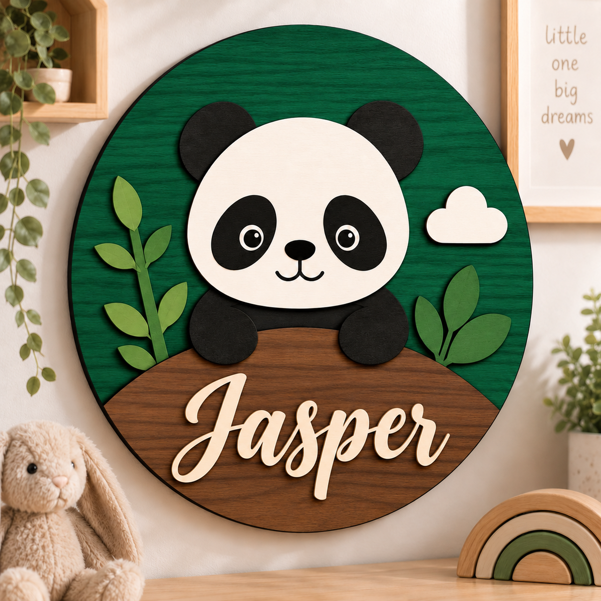 Personalised Wooden Panda Name Sign Kids Nursery Bedroom Wall Decor