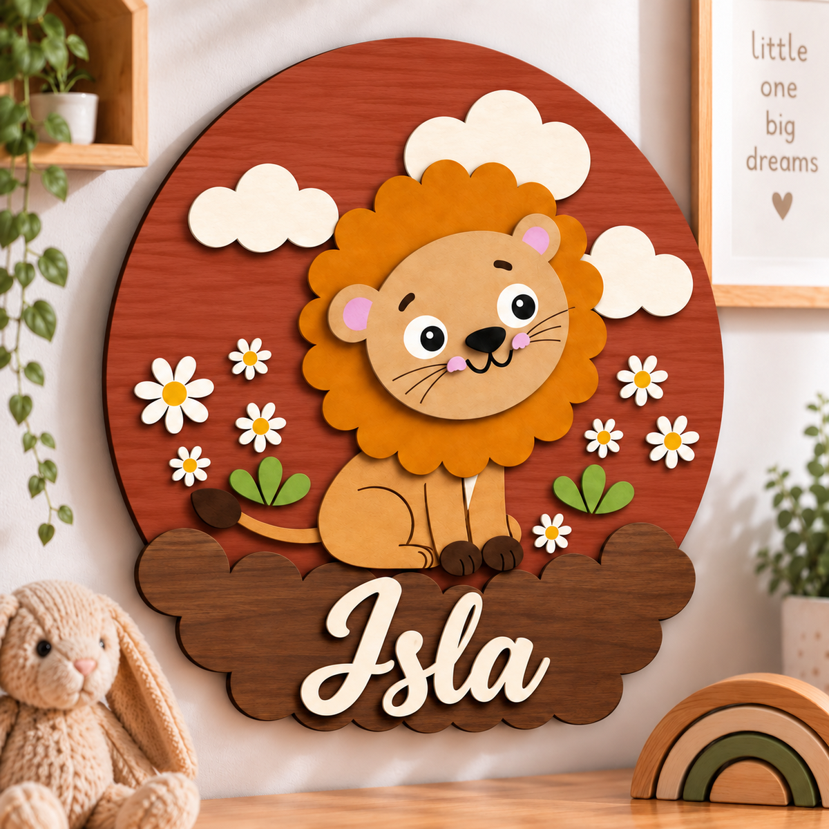 Personalised Wooden Lion Name Sign Kids Nursery Bedroom Wall Decor