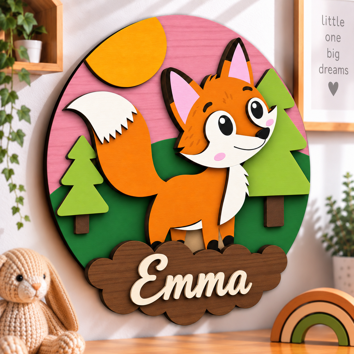 Personalised Wooden Fox Name Sign Kids Nursery Bedroom Wall Decor