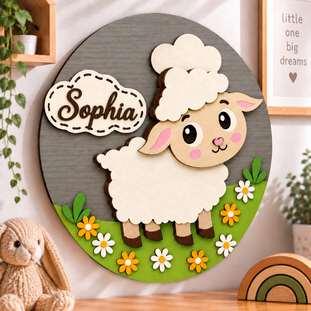 Personalised Wooden Sheep Name Sign Kids Nursery Bedroom Wall Decor