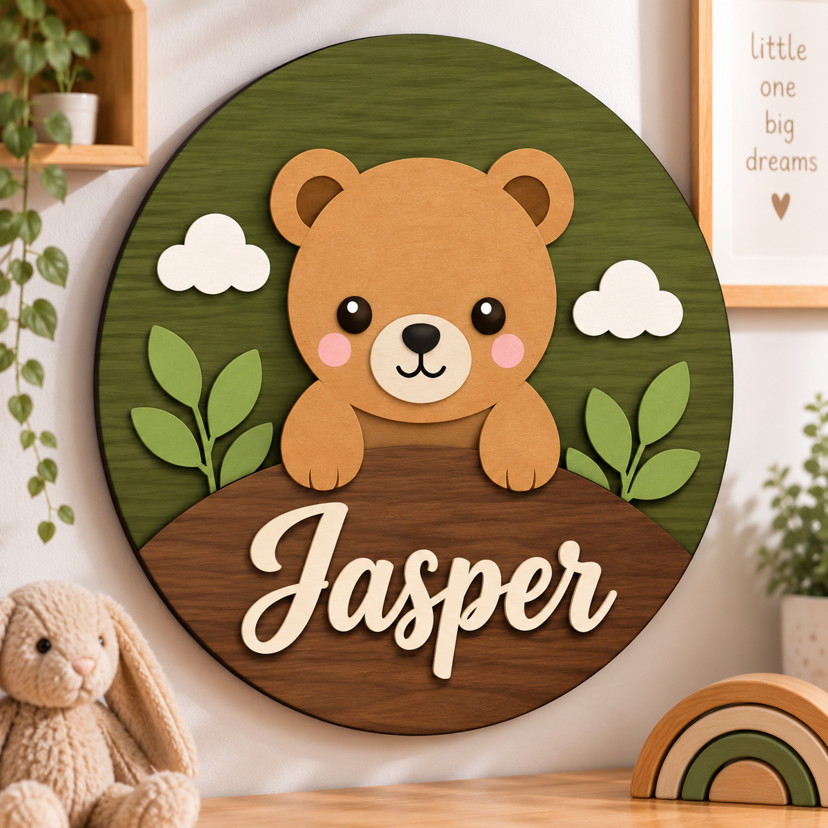 Personalised Wooden Bear Name Sign Kids Nursery Bedroom Wall Decor