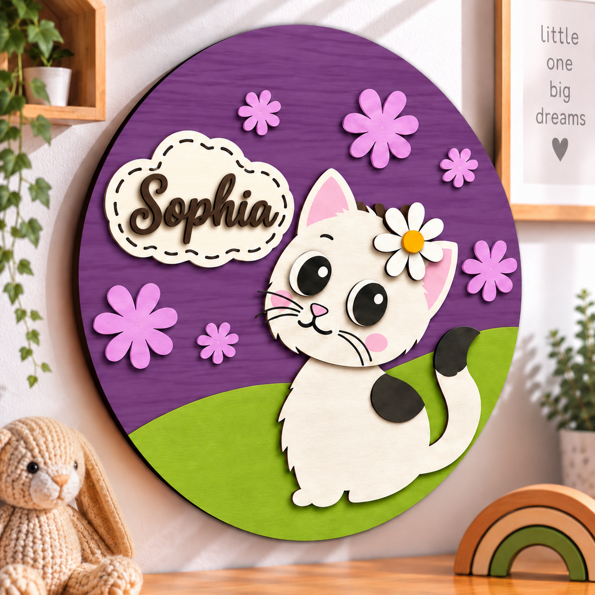 Personalised Wooden Cat Name Sign Kids Nursery Bedroom Wall Decor