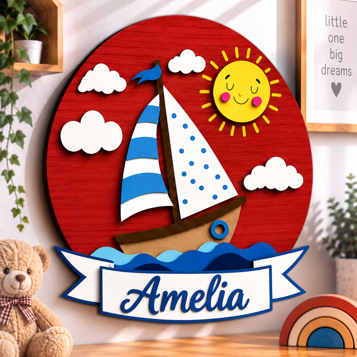 Personalised Wooden Sailboat Name Sign Kids Nursery Bedroom Wall Decor