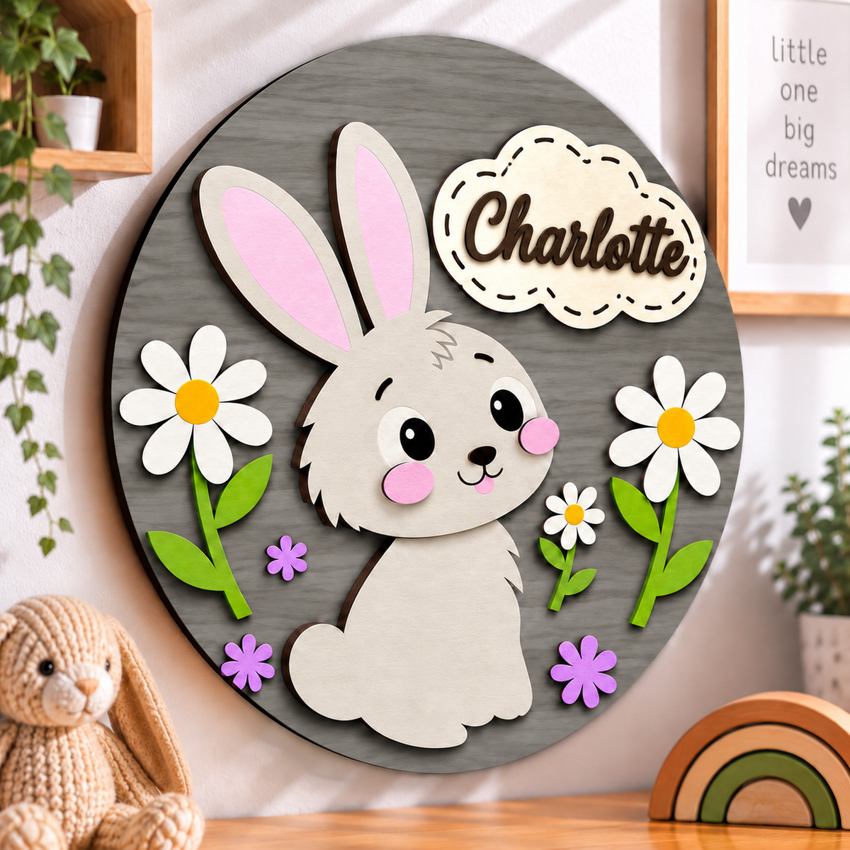 Personalised Wooden Bunny Name Sign Kids Nursery Bedroom Wall Decor