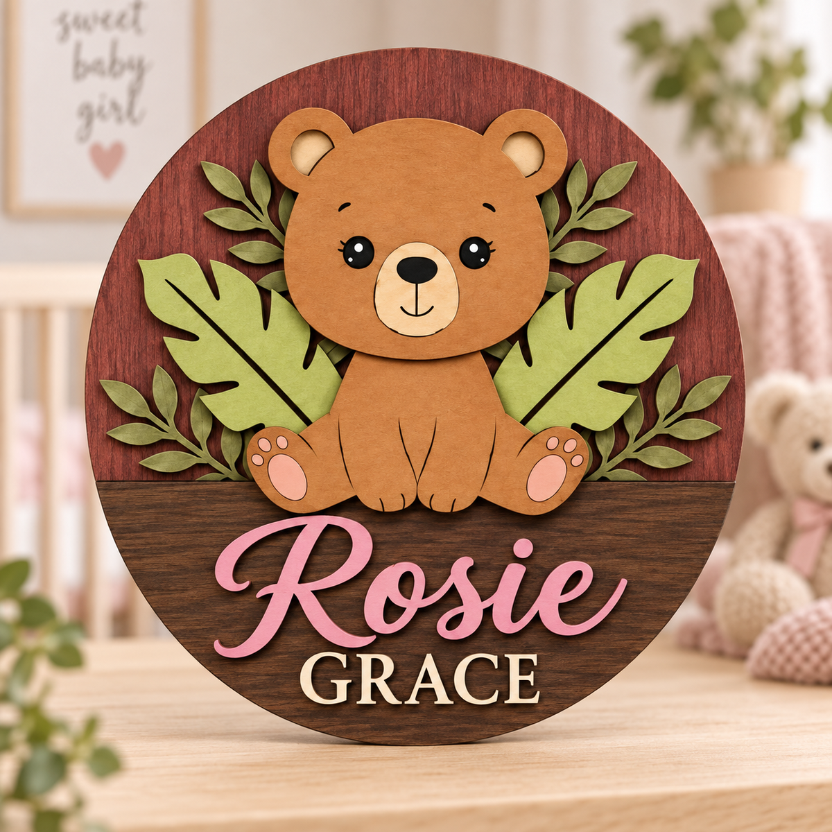 Personalised Wooden Bear Name Sign Kids Nursery Bedroom Wall Decor