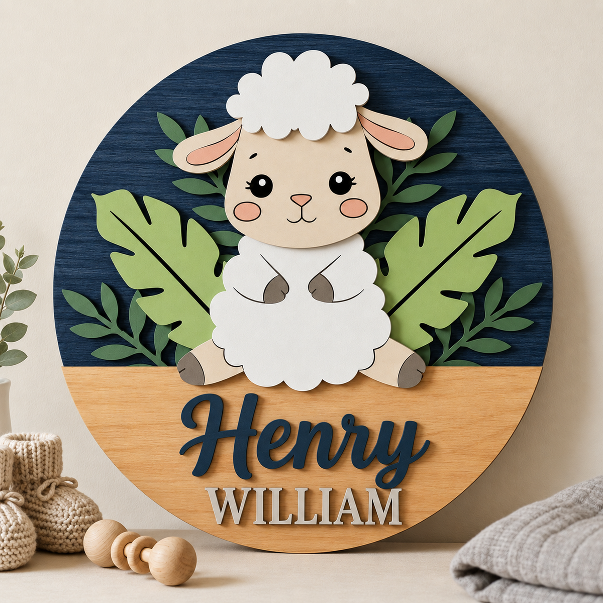 Personalised Wooden Lamb Name Sign Kids Nursery Bedroom Wall Decor