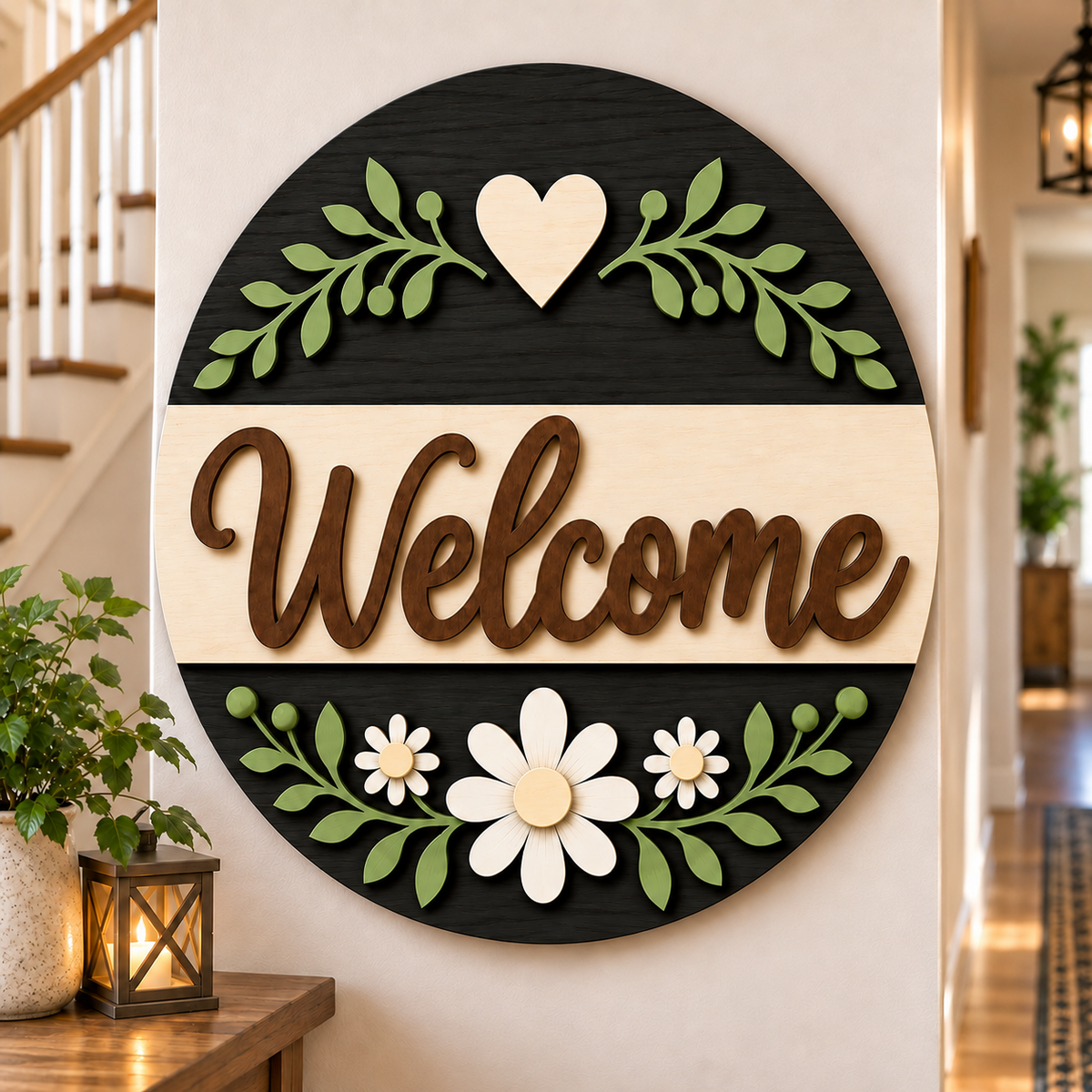 Floral Welcome Wooden Sign Front Door Home Wall Decor Plaque