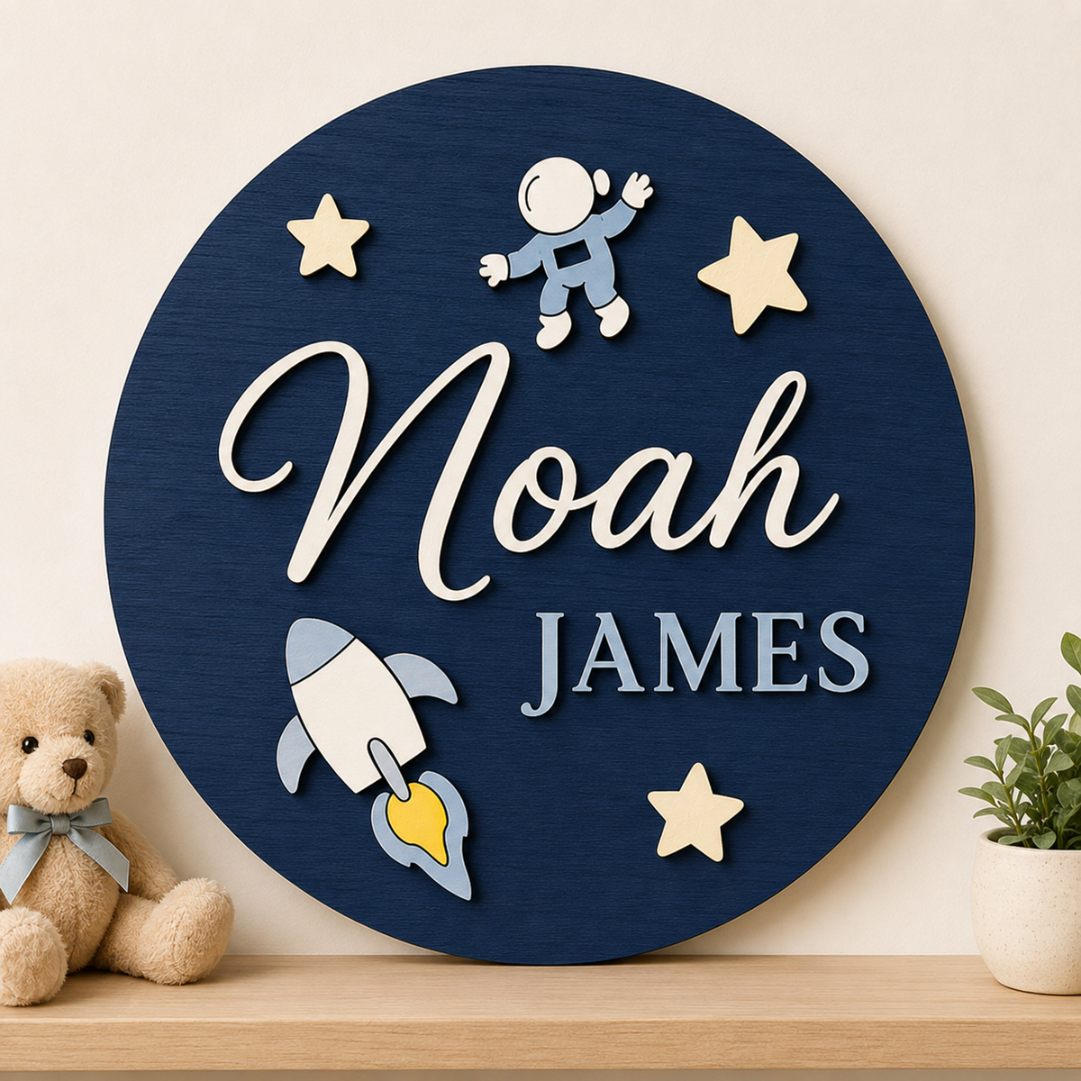 Personalised Rocket Wooden Name Sign Boys Nursery Wall Decor Custom Plaque