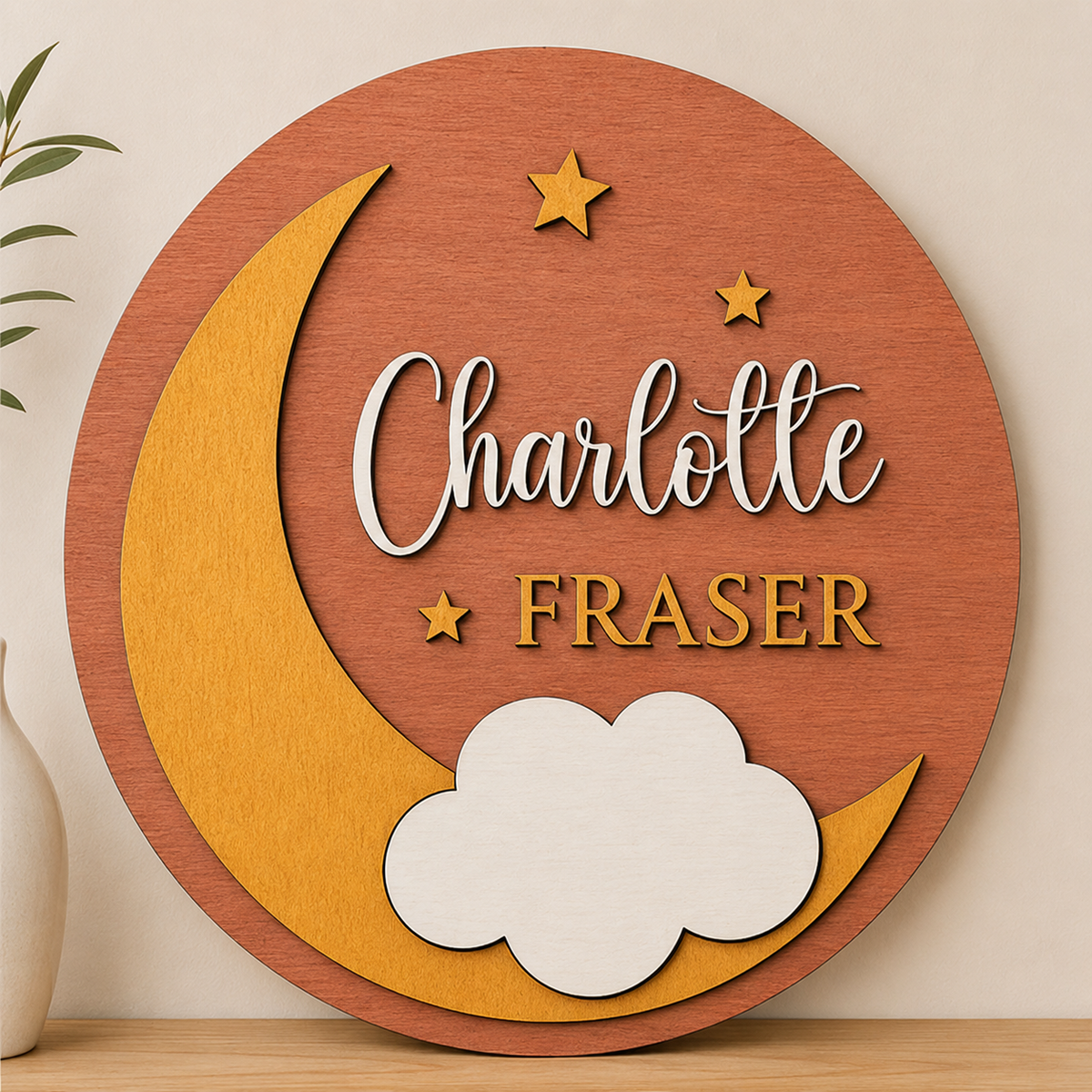 Personalised Moon Stars Wooden Name Sign Nursery Night Sky Wall Decor
