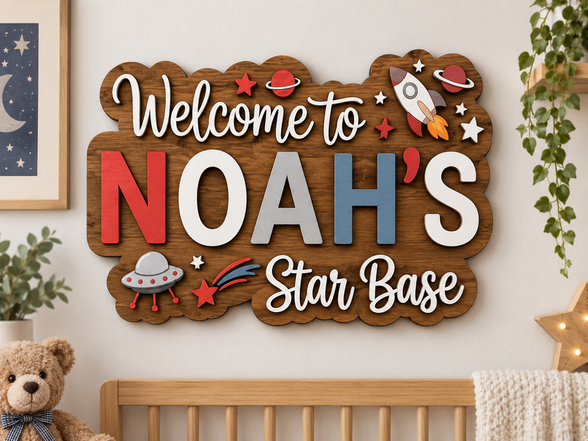 Personalised Space Name Sign Kids Nursery Bedroom Wall Decor Star Base