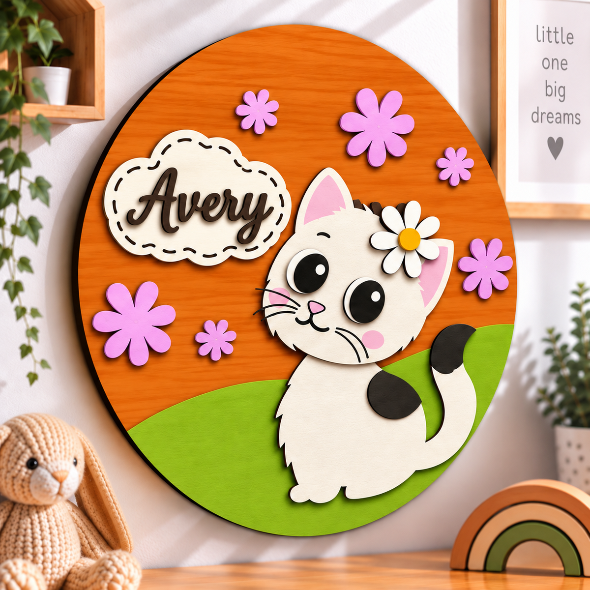 Personalised Wooden Cat Name Sign Kids Nursery Bedroom Wall Decor