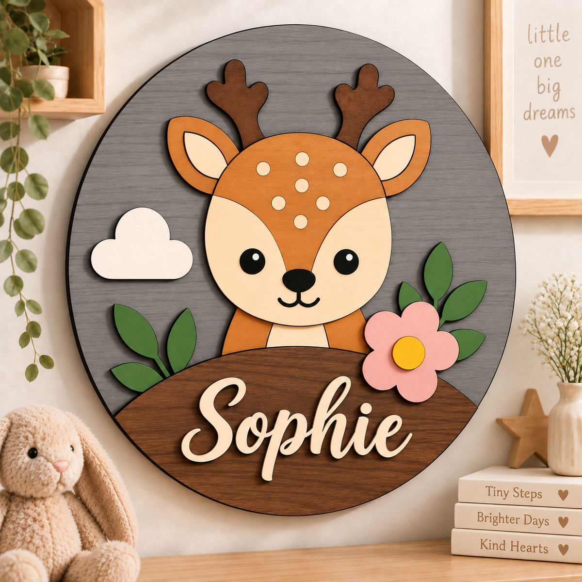 Personalised Wooden Deer Name Sign Kids Nursery Bedroom Wall Decor