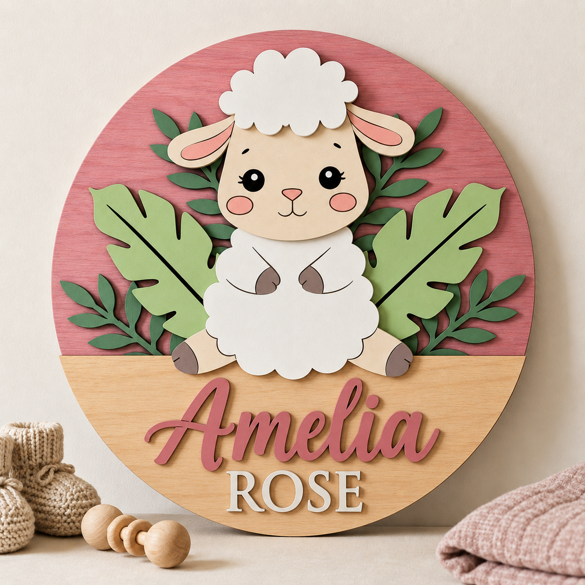 Personalised Wooden Lamb Name Sign Kids Nursery Bedroom Wall Decor