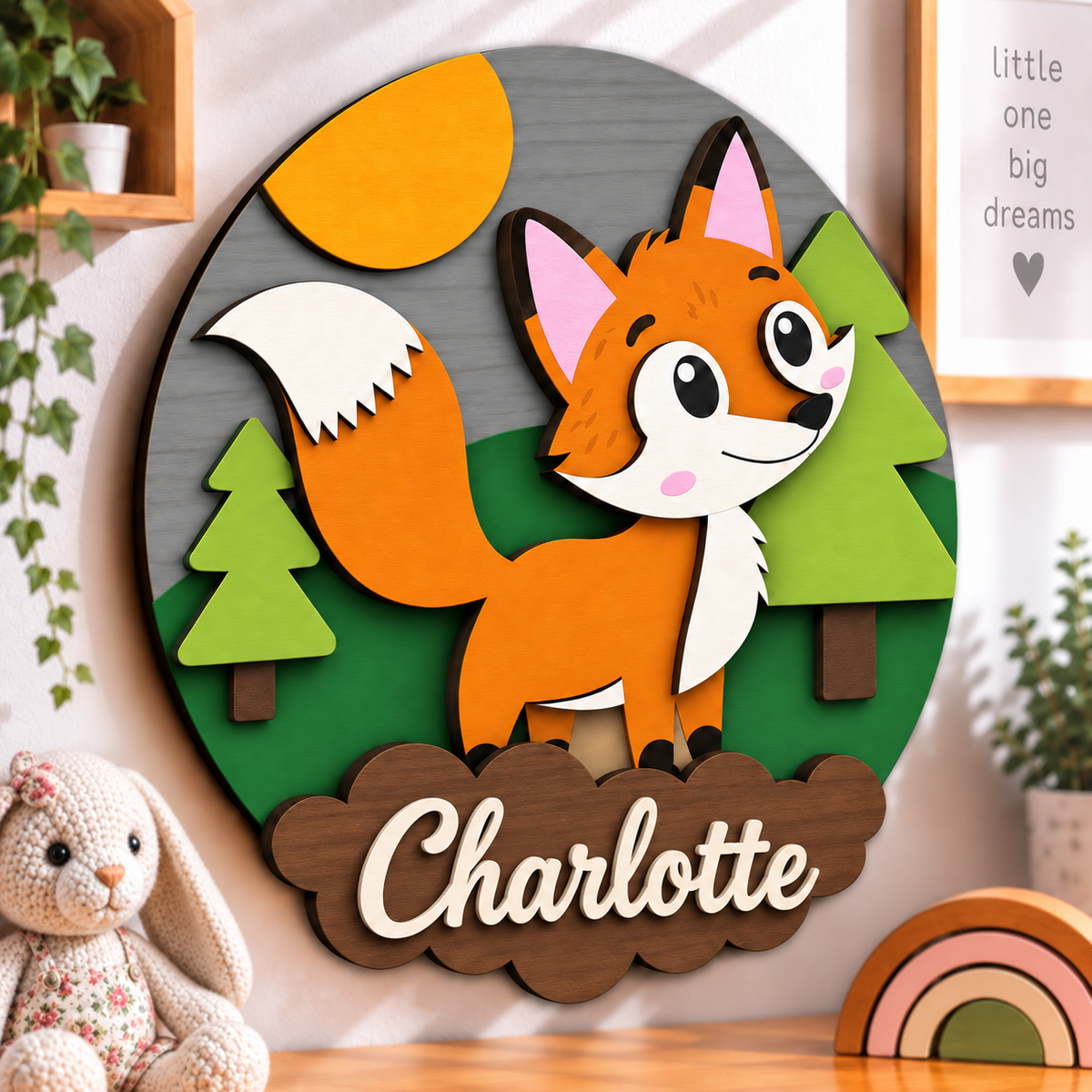 Personalised Wooden Fox Name Sign Kids Nursery Bedroom Wall Decor
