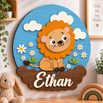 Personalised Wooden Lion Name Sign Kids Nursery Bedroom Wall Decor