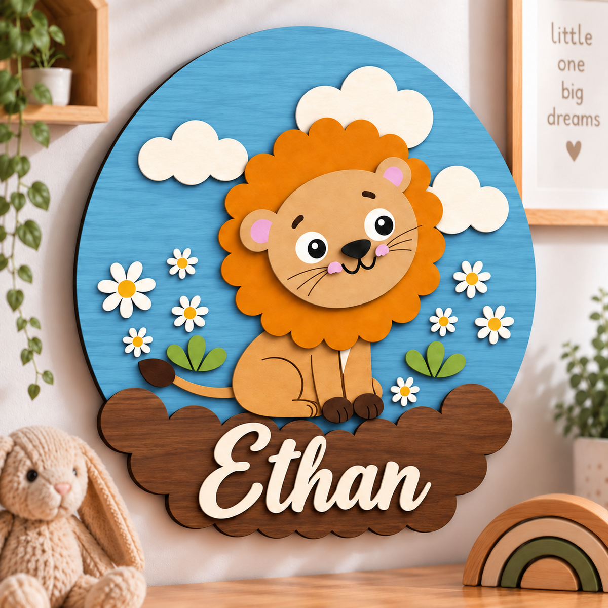 Personalised Wooden Lion Name Sign Kids Nursery Bedroom Wall Decor