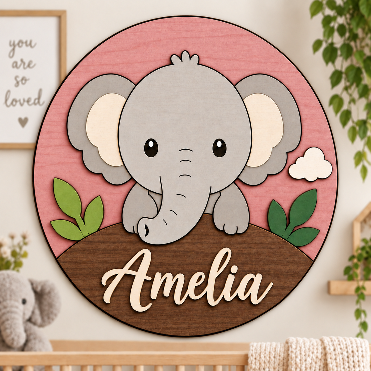 Personalised Wooden Elephant Name Sign Kids Nursery Bedroom Wall Decor