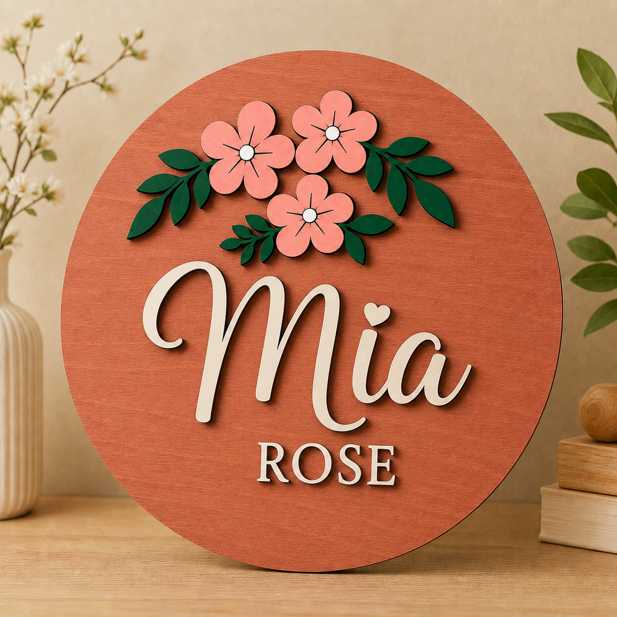 Personalised Floral Wooden Name Sign Girls Nursery Bedroom Wall Decor