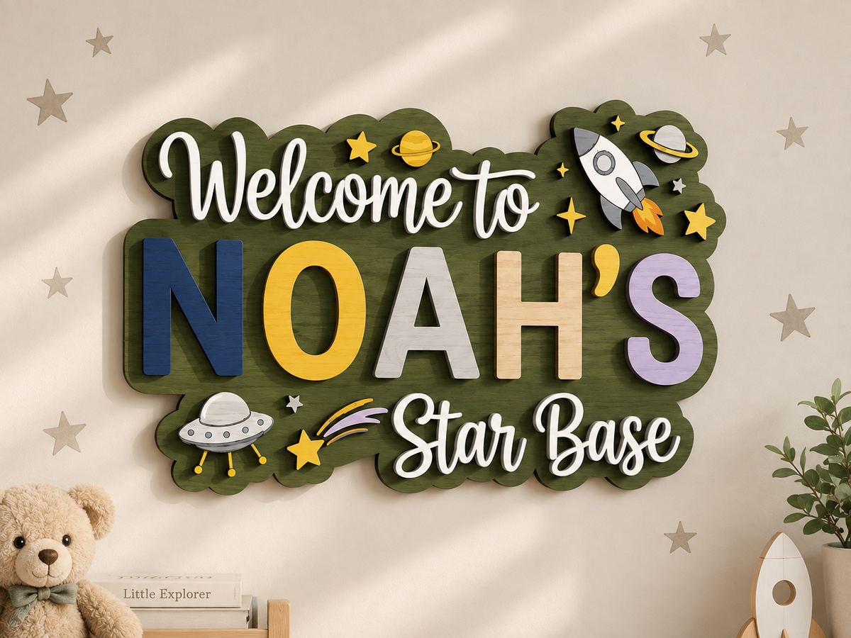 Personalised Space Name Sign Kids Nursery Bedroom Wall Decor Star Base