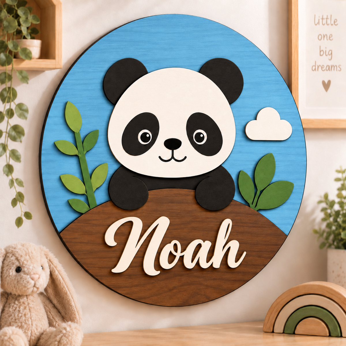 Personalised Wooden Panda Name Sign Kids Nursery Bedroom Wall Decor