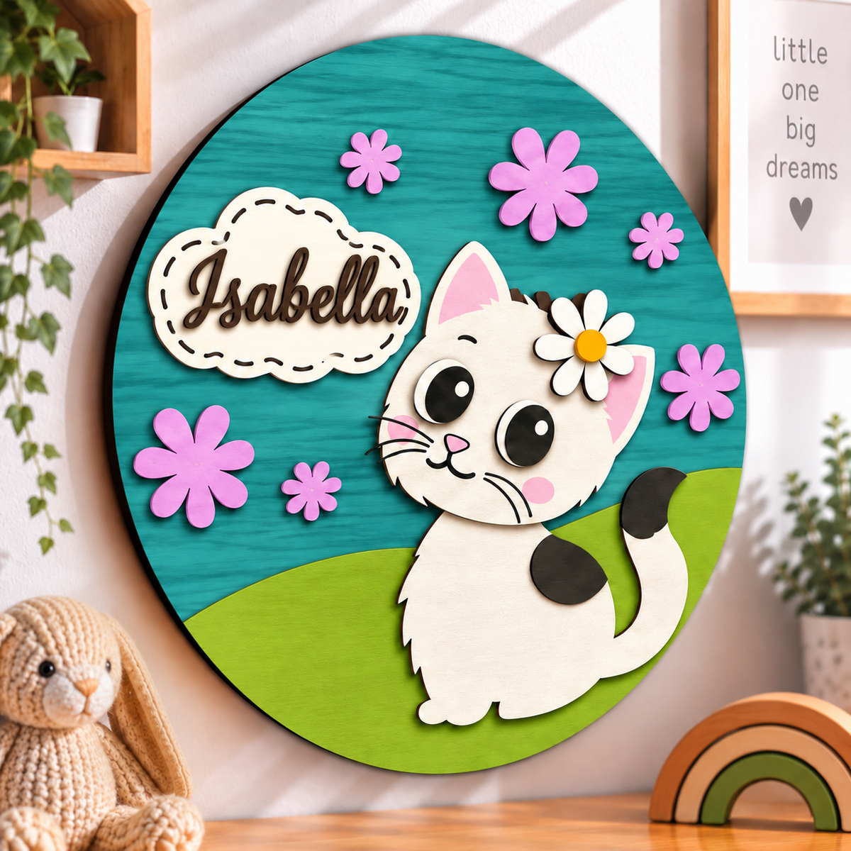 Personalised Wooden Cat Name Sign Kids Nursery Bedroom Wall Decor