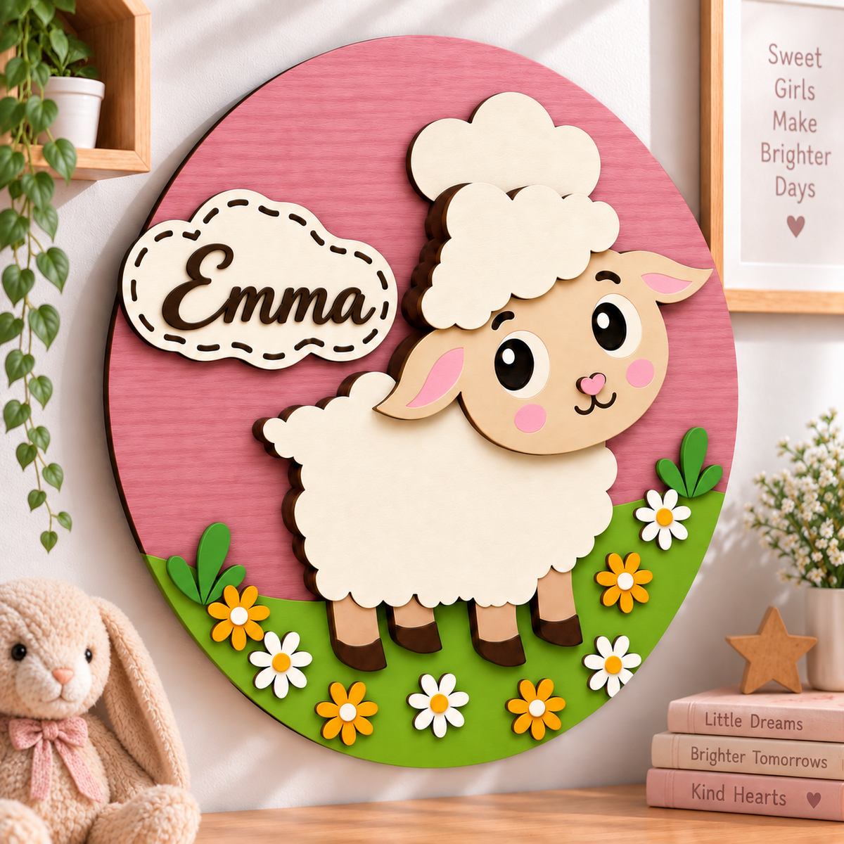 Personalised Wooden Sheep Name Sign Kids Nursery Bedroom Wall Decor