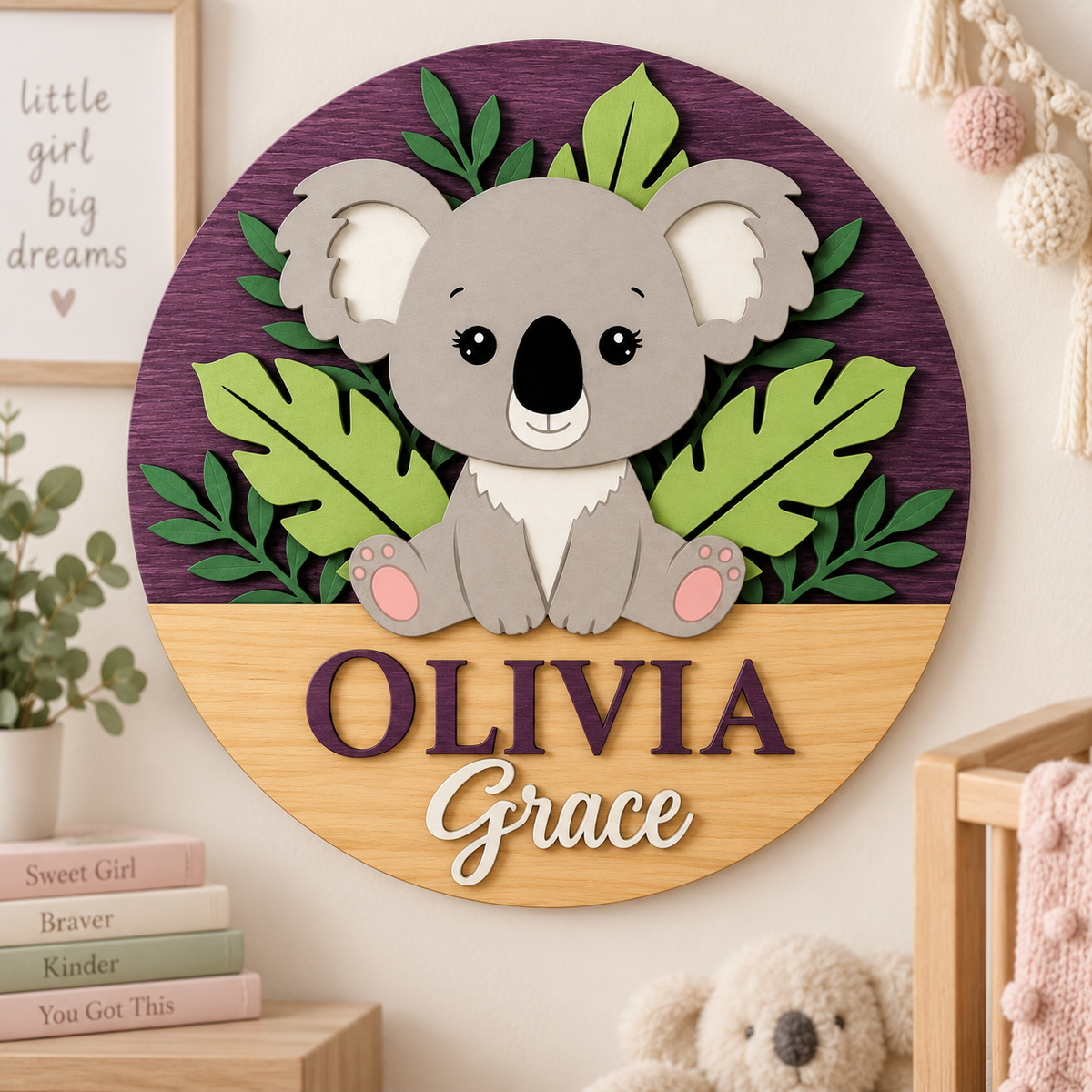 Personalised Wooden Koala Name Sign Kids Nursery Bedroom Wall Decor