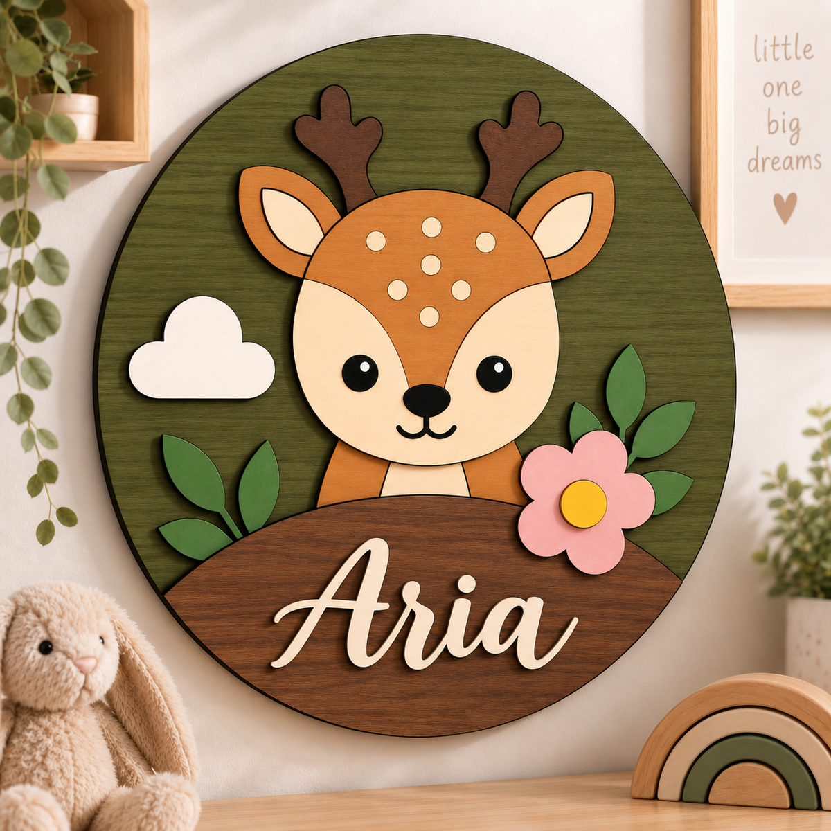 Personalised Wooden Deer Name Sign Kids Nursery Bedroom Wall Decor