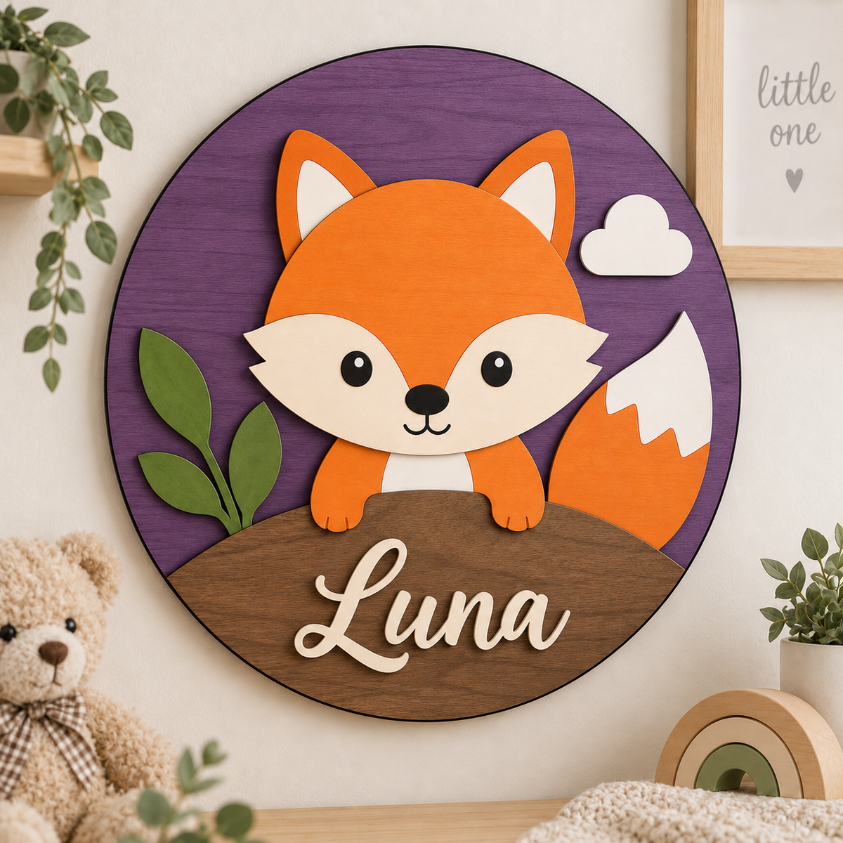 Personalised Wooden Fox Name Sign Kids Nursery Bedroom Wall Decor