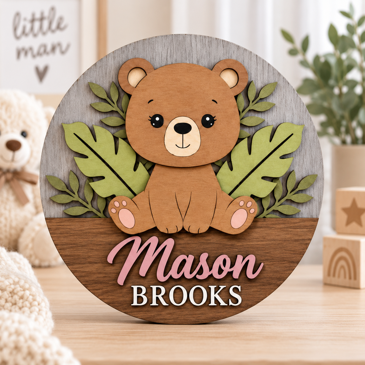 Personalised Wooden Bear Name Sign Kids Nursery Bedroom Wall Decor
