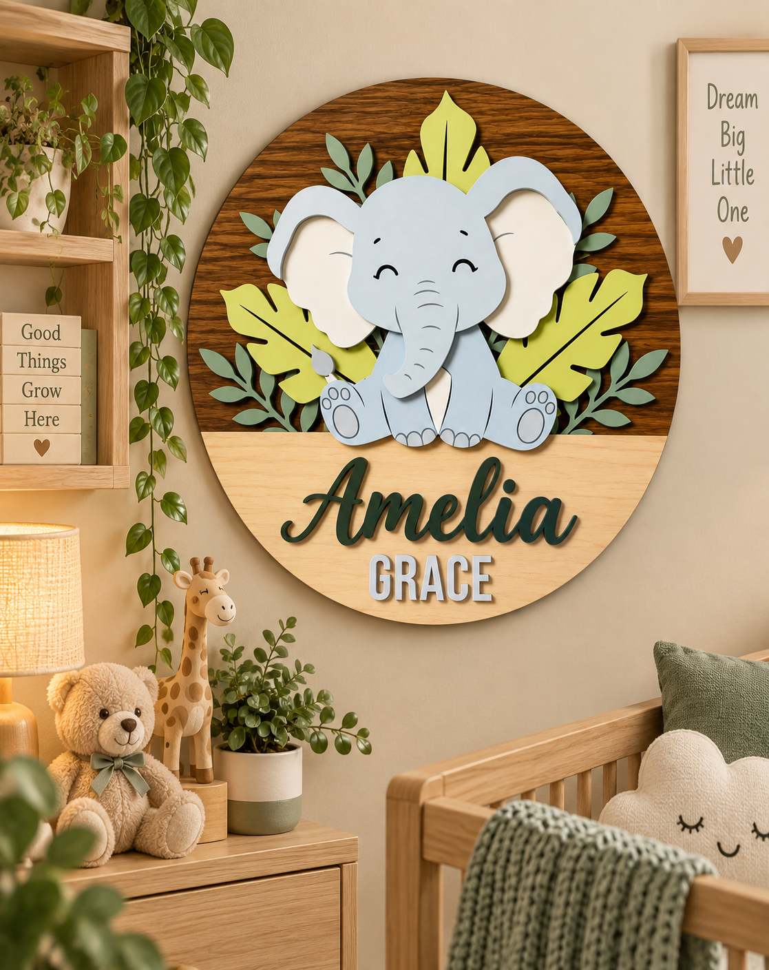 Personalised Wooden Elephant Name Sign Kids Nursery Bedroom Wall Decor