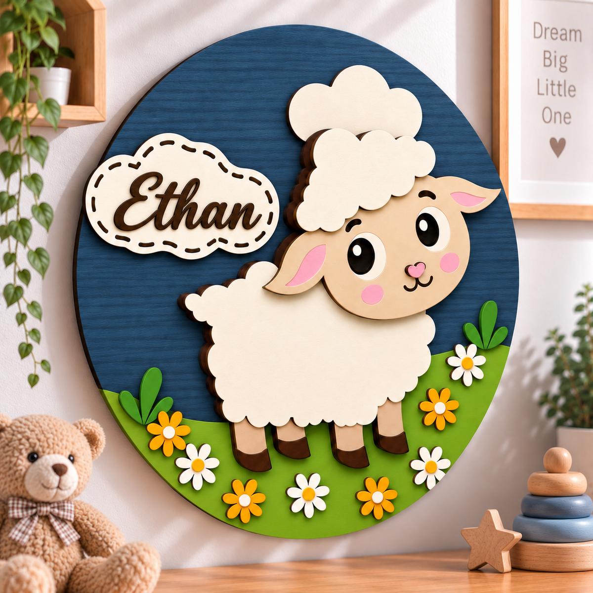 Personalised Wooden Sheep Name Sign Kids Nursery Bedroom Wall Decor
