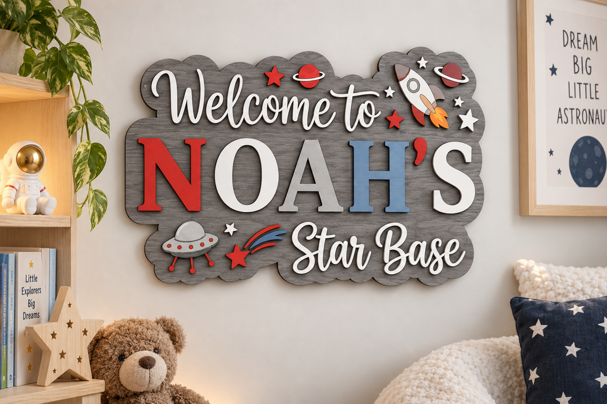 Personalised Space Name Sign Kids Nursery Bedroom Wall Decor Star Base