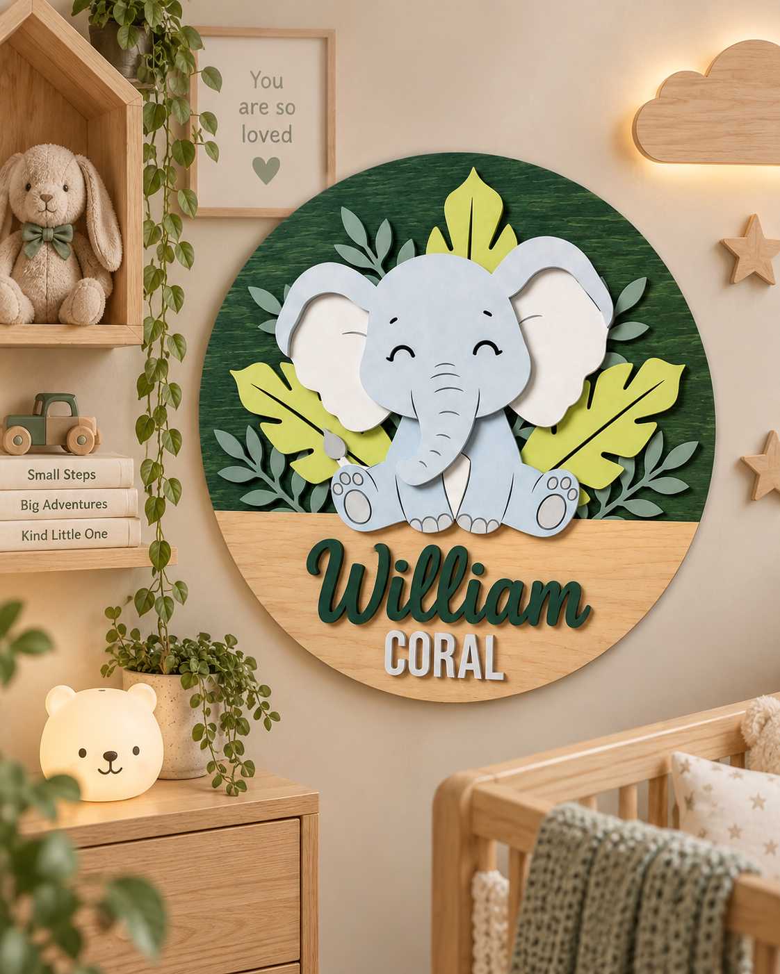 Personalised Wooden Elephant Name Sign Kids Nursery Bedroom Wall Decor