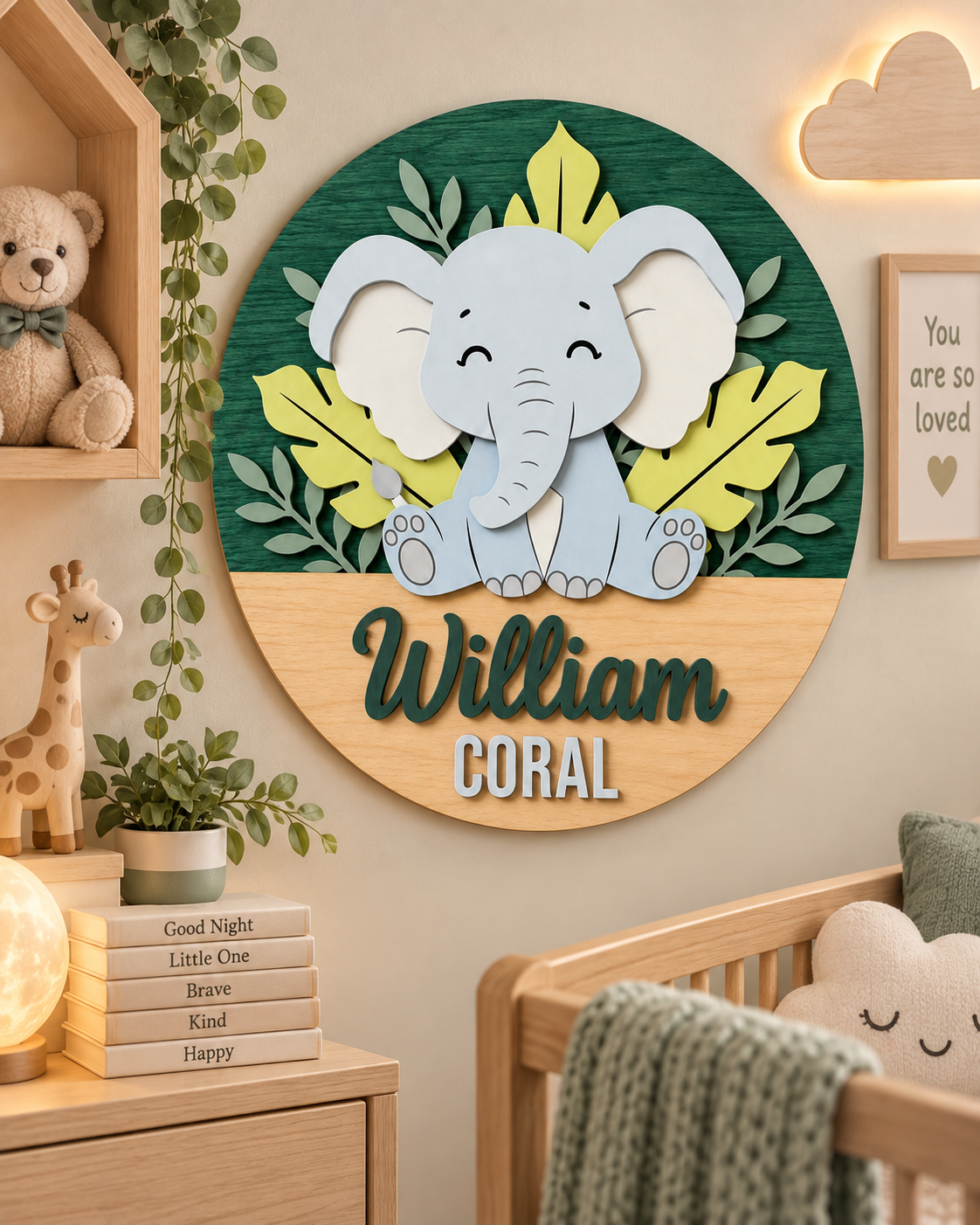 Personalised Wooden Elephant Name Sign Kids Nursery Bedroom Wall Decor