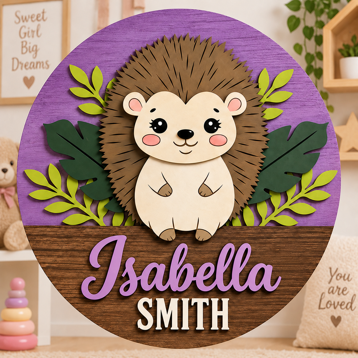 Personalised Wooden Hedgehog Name Sign Kids Nursery Bedroom Wall Decor