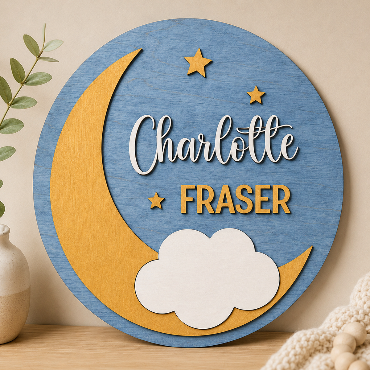 Personalised Moon Stars Wooden Name Sign Nursery Night Sky Wall Decor